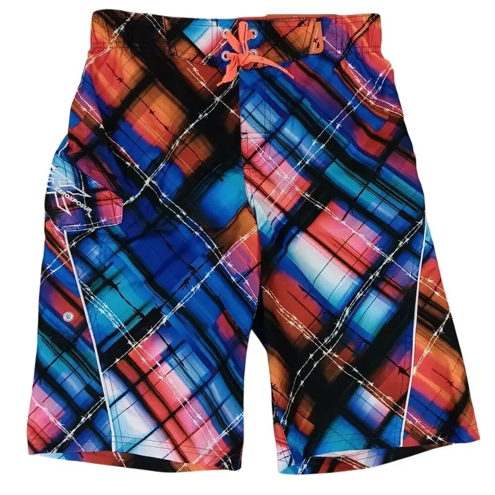 ZeroXposur Swim Trunks Boys Large 14-16 Red/Blue Pattern Drawstring Lined UPF50+